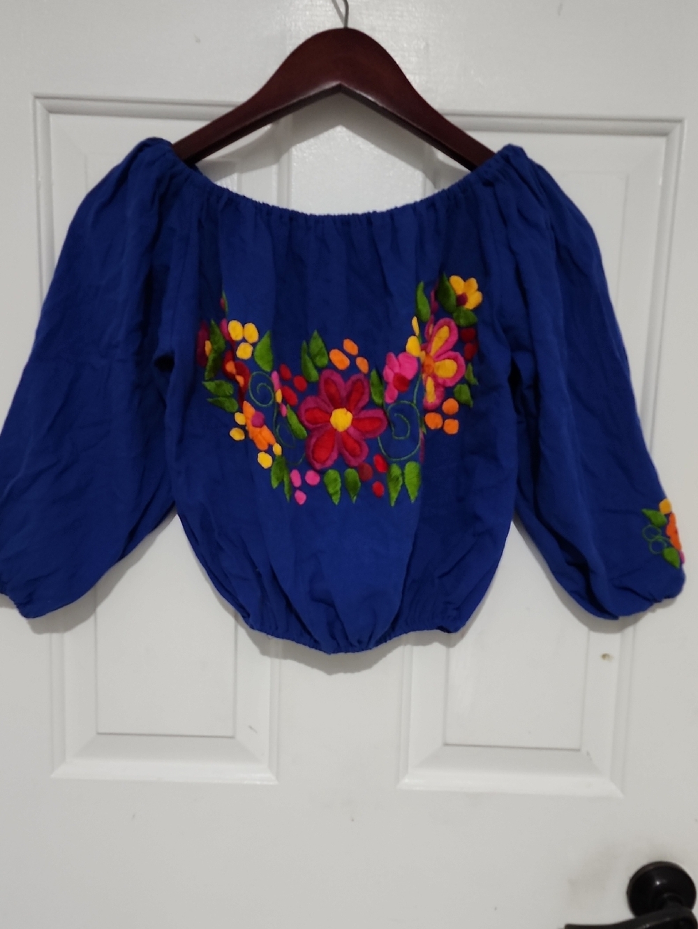 Embroidered Off-Shoulder Peasant Crop Top - Royal Blue with Multicolor Floral